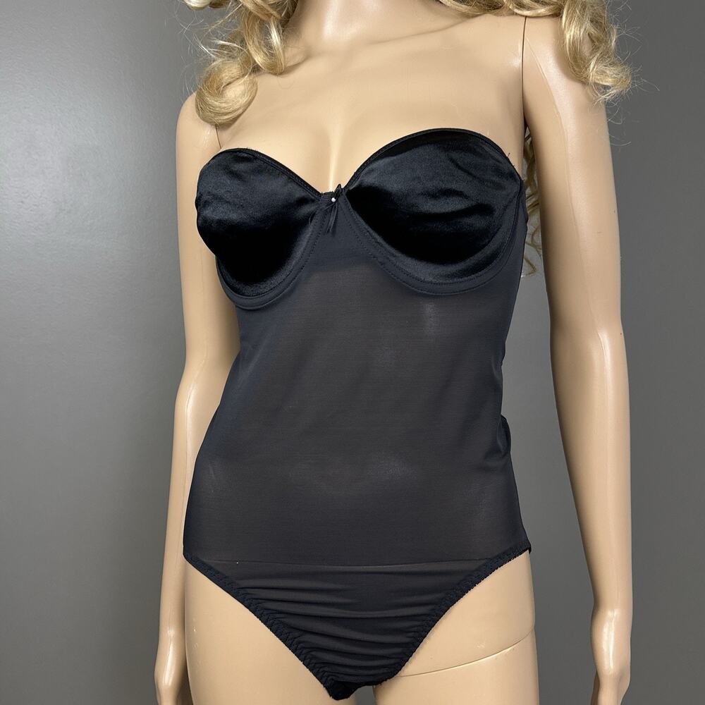 Vintage Olga Secret Shaper 43095 Bodysuit 36C Black Satin Strapless Shapewear